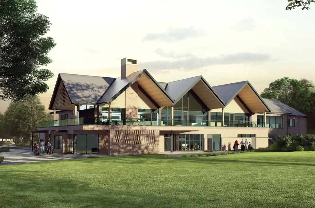 Architect's rendering of the new Woodhall Spa clubhouse: red brick and glass, gabled slate roofs over a glazed terrace, a brick chimney, and golfers with bags.