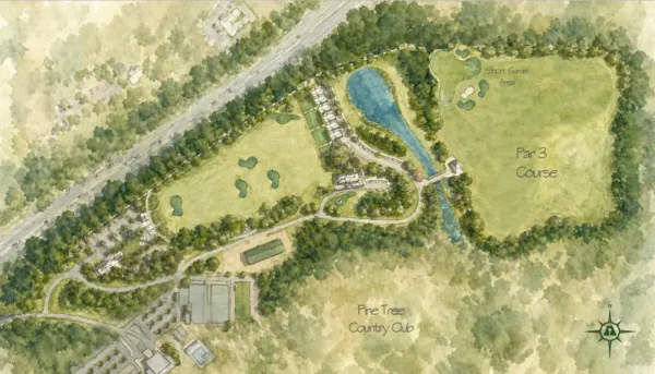 Aerial campus rendering of Golf House Alabama in Irondale, Alabama, showing the golf house, instructional clubhouses, range, and par-3 course next to Pine Tree