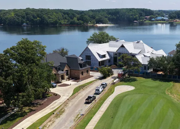 Aerial view of Michael Jordan's lakefront house under construction beside Peninsula Club's 7th hole on Lake Norman in Cornelius, North Carolina