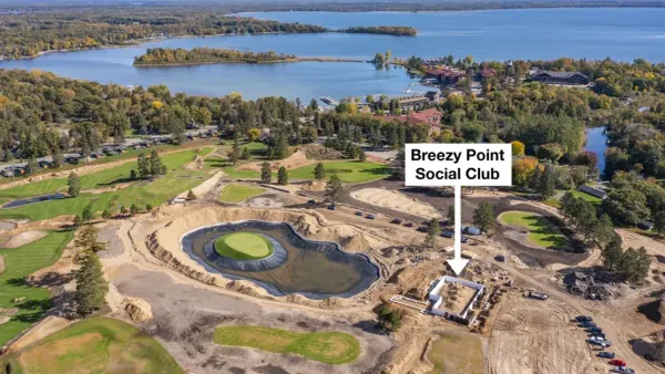 Aerial view of Ace Valley at Breezy Point Resort with the Social Club site labeled beside the island green
