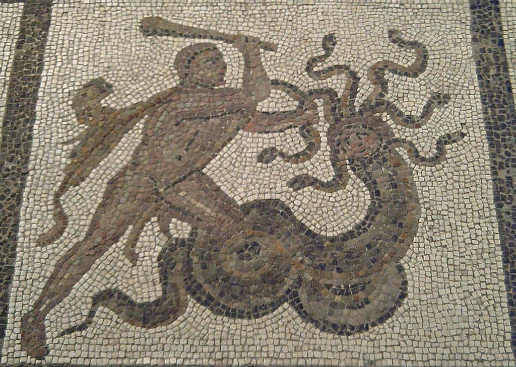 A roman mosaic of Heracules fighting the Lernaean Hydra 