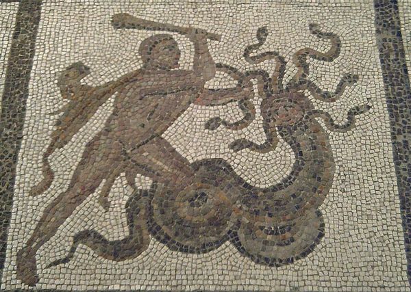 A roman mosaic of Heracules fighting the Lernaean Hydra 