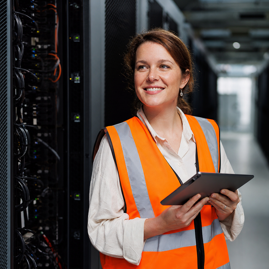 A career-changer in a safety vest holding a tablet inside a data center