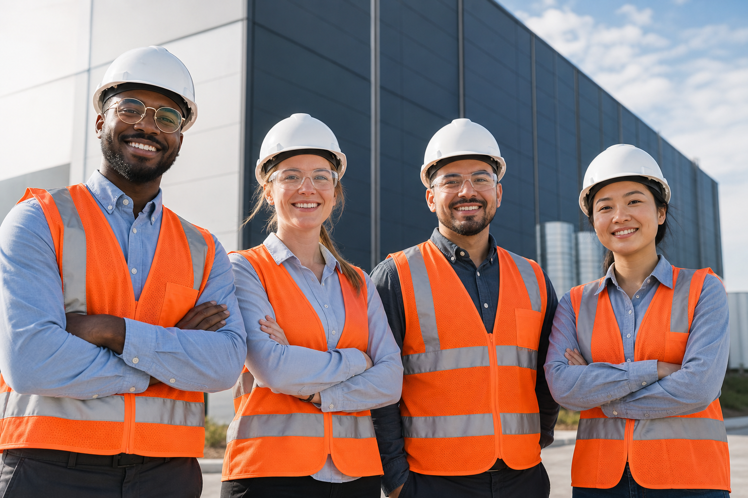 A diverse group of American data center workers in hard hats and safety vests, smiling outside a data center