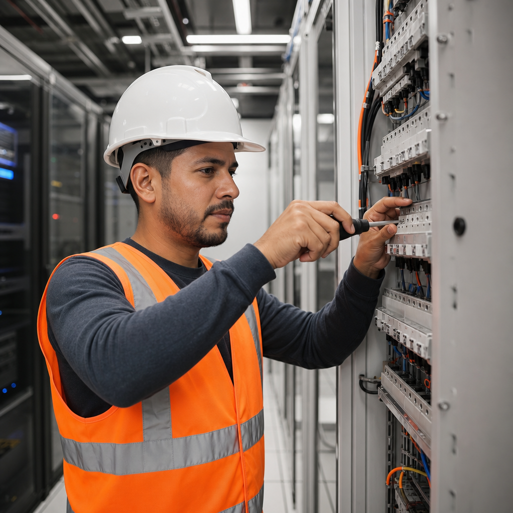 An electrician in a hard hat and safety vest working at a data center electrical panel