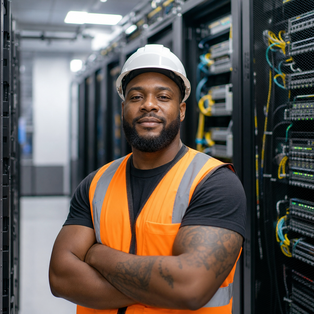 A military veteran in a safety vest and hard hat standing in a data center