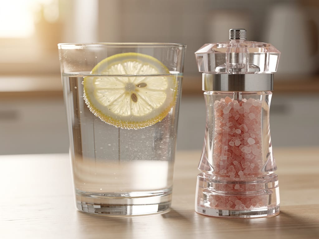 A glass of water with a slice of lemon and a pink salt grinder nearby