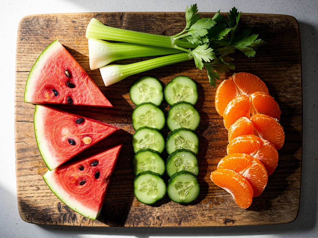 A colorful arrangement of hydrating fruits and vegetables on a wooden board
