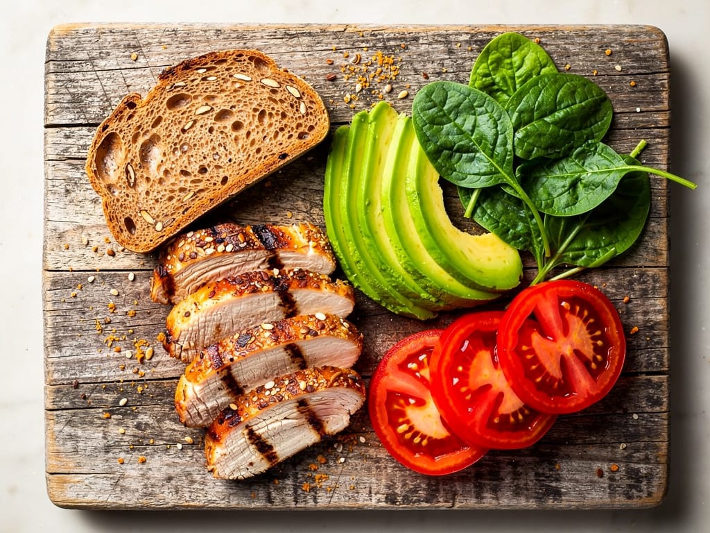 Healthy deconstructed sandwich ingredients on a wooden board.