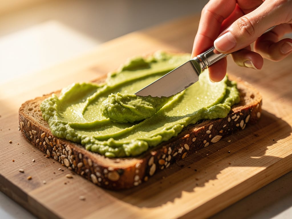 Spreading avocado on a slice of whole-grain bread.