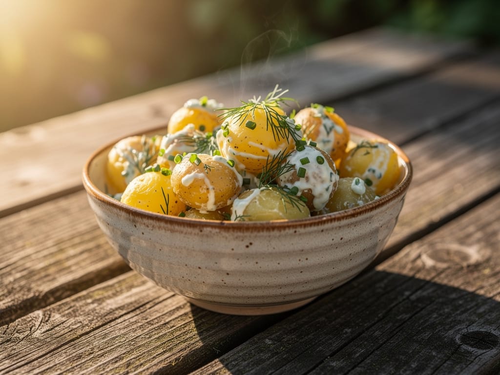 A healthy bowl of cold potato salad on a picnic table