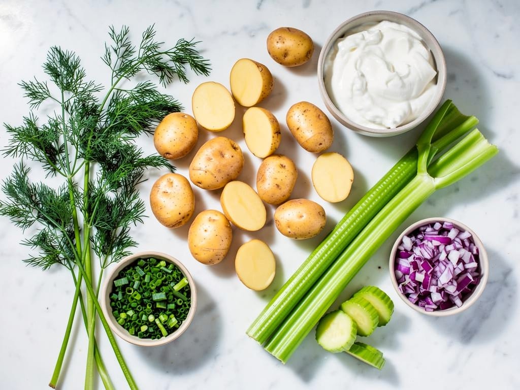 Fresh ingredients for a healthy potato salad recipe