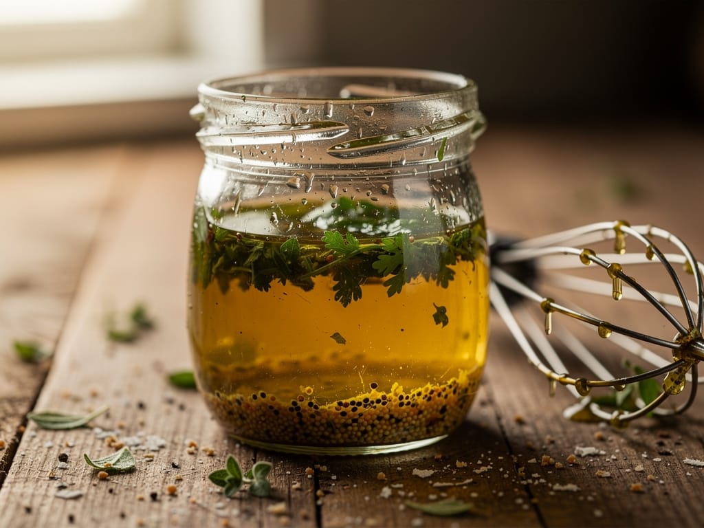 A small glass jar of homemade salad dressing with fresh herbs