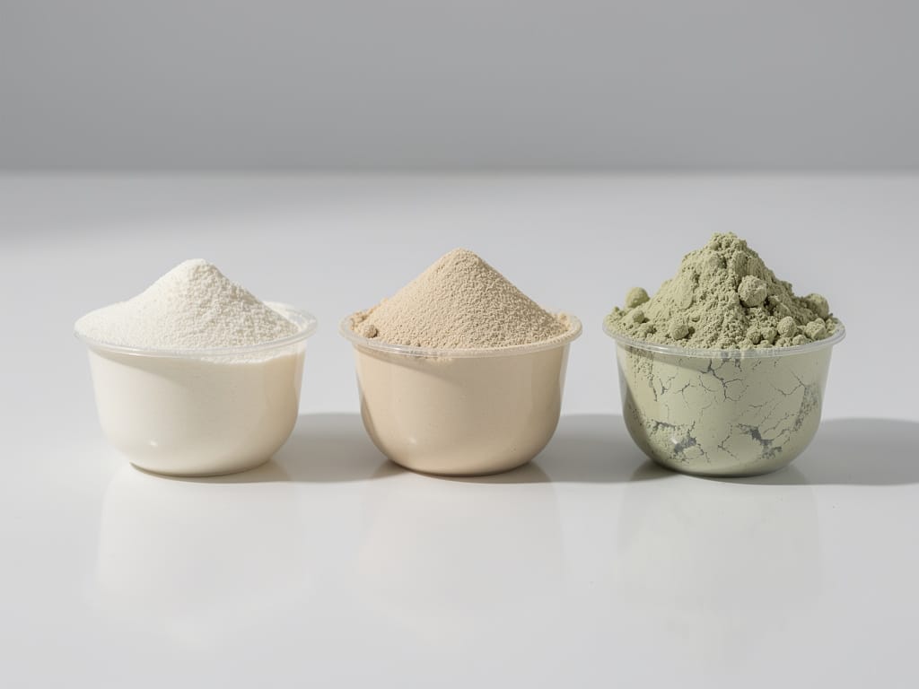 Scoops of different types of protein powder