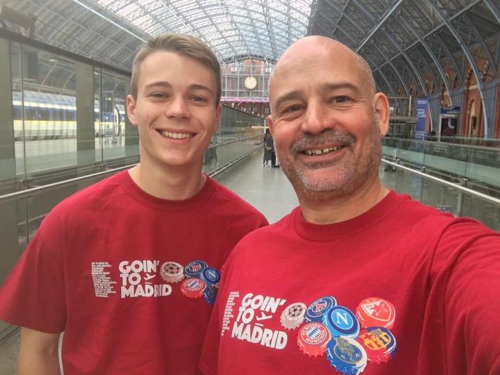 selfie of clive russell and young man wearing "goin' to Madrid" t shirts
