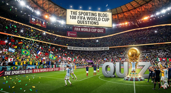 image of a busy football stadium full of players and fans with the words "the sporting blog: 100 fifa world cup questions" on a billboard