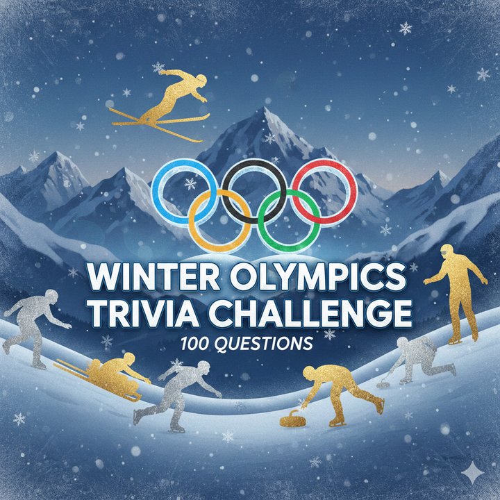 image of winter sportspeople on a mountain with the words "winter olympics trivia challenge 100 questions" and the olympic rings