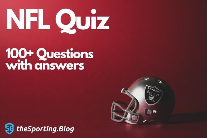 red background, image of an NFL helmet, text that says "NFL quiz" "100+ questions with answers" and the sorting blog logo