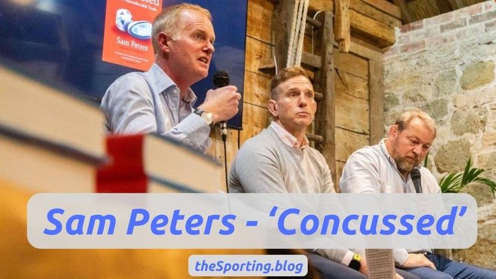 sam peters speaking on a panel with the words "sam peters - 'Concussed'" and "thesporting.blog"