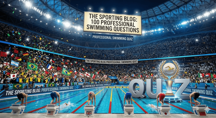 image of swimmers getting ready to start a race with the words "quiz" on top of the pool and the words "the sporting blog: 100 profesisonal swimming questions" above the stands