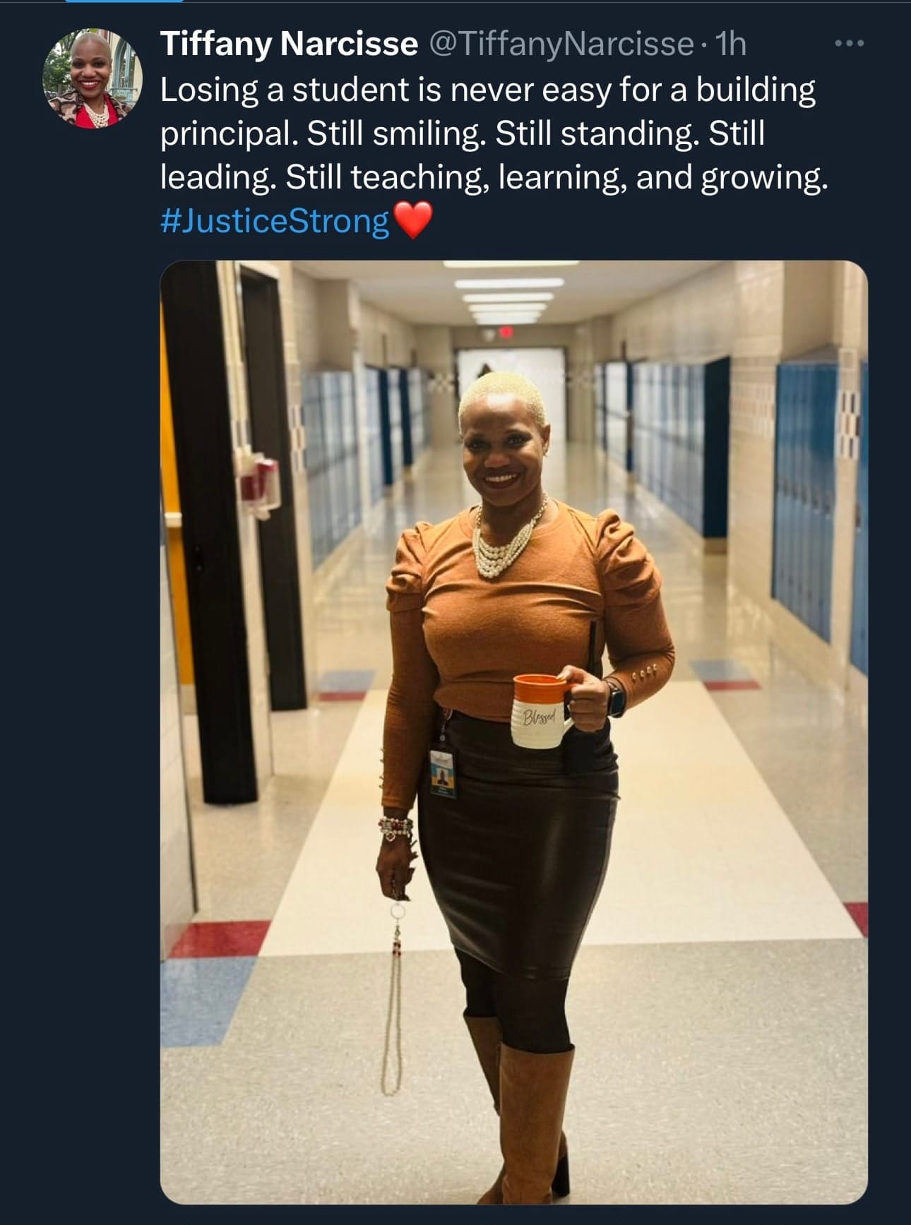 A social media post by Narcisse while serving at Justice High School in Fairfax County, Virginia. The post drew criticism from students and parents and was later deleted.