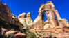 The towering sandstone spires of Druid Arch rise above the rugged canyon landscape in Canyonlands National Park’s Needles District.