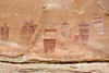Ancient pictographs at Great Gallery, Horseshoe Canyon, UT, with life-sized figures on sandstone.