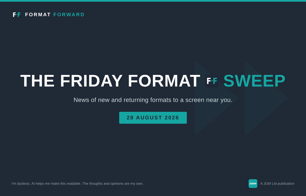 Format Forward title card for The Friday Format Sweep, 28 August 2026 — news of new and returning TV formats to a screen near you