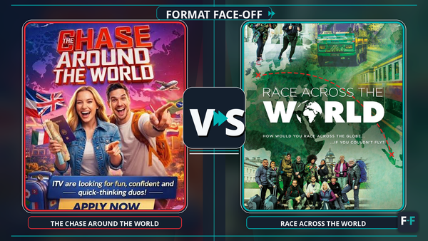Format Face-Off graphic comparing ITV's The Chase Around The World and BBC's Race Across the World