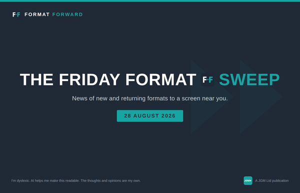 Format Forward title card for The Friday Format Sweep, 28 August 2026 — news of new and returning TV formats to a screen near you