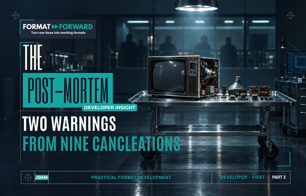 A dismantled vintage television lies on a mortuary gurney in a dark forensic lab, illustrating Format Forward's Post-Mortem series on cancelled TV formats