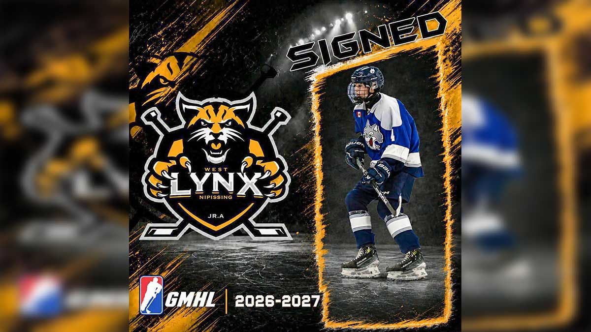 Little Current product signs with the West Nipissing Lynx