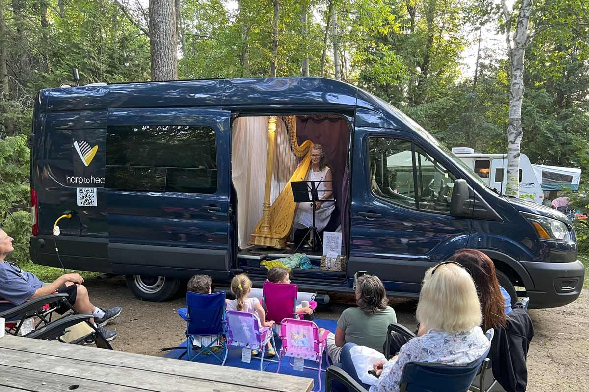 Renowned harp player Gianetta Baril plays for residents of the Batman’s Resort on Manitoulin Island
