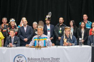 The speakers at the proposed settlement announcement included, from left, Ontario Indigenous Affairs Minister Greg Rickford,