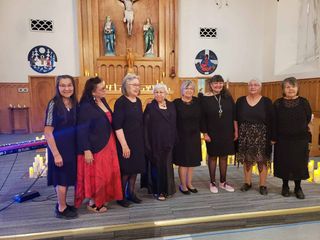 The Wikwemikong Choir, from left, Tish Manitowabi, Audrey Ozawabineshi, Rosemary Pitawankwat, Rosella Kinoshameg, Robin Hill,