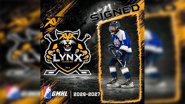 Little Current product signs with the West Nipissing Lynx