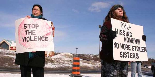 Demonstrators gather at Hwy 6 and 17 intersection to bring attention to missing aboriginal women