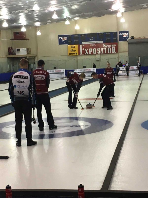 Semi-final action between the Brad Jacobs rink and the Jordan Chandler rink in the 2018 Northern Ontario men’s provincial cur