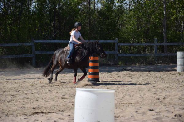 Manitoulin Horse Club barrel racing student Avery Barnes of Little Current takes her mount through the pylons. photo by Micha