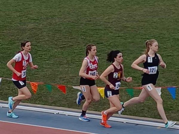 Manitoulin Secondary School Mustangs runner Maren Kasunich, far right in photo, finished in first place in her three events a