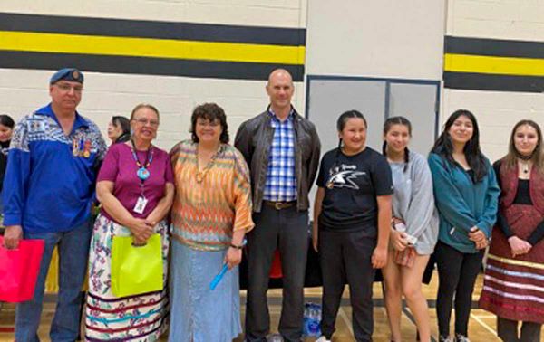 Rainbow District School Board Trustee Lisa Corbiere-Addison, third from left, is joined by MSS Acting-principal Dave Wichar t