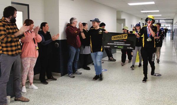 All charged up! Manitoulin Secondary School Manitoulin Metal Robotics 6865 team members, led by left in photo Patrick McCann