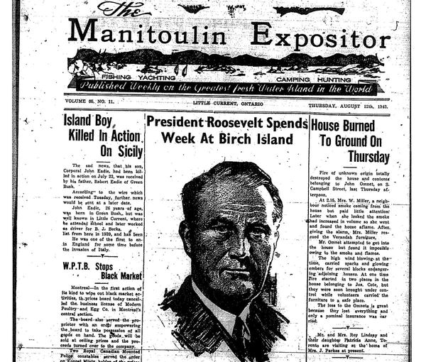 The Expositor’s front page of August 12, 1943 shares the news that Franklin Delano Roosevelt had spent a number of days fishi