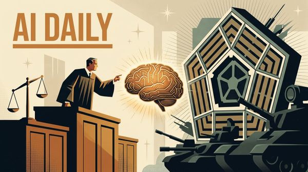 Retro-futuristic courtroom scene with judge, glowing AI brain, and Pentagon building