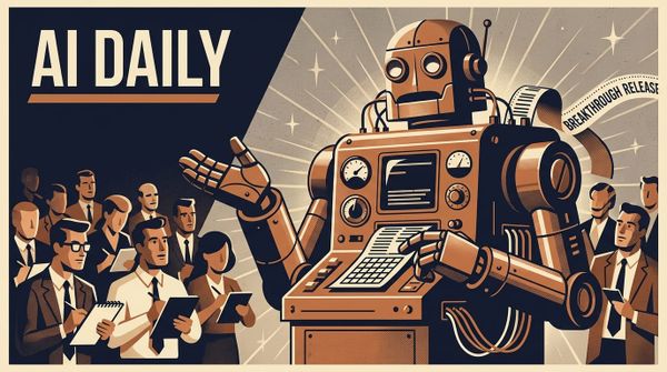 Retro-futuristic illustration of a PR machine disguised as a glitchy terminal accidentally releasing a model headline — AI Daily column