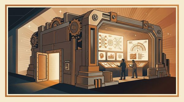 Retro-futuristic illustration of a vault-like server room with its door left open, symbolizing Anthropic's data leak