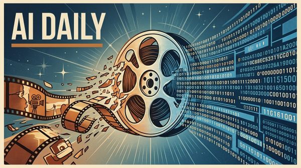 Film reel dissolving into code streams, representing AI transition from consumer video to enterprise