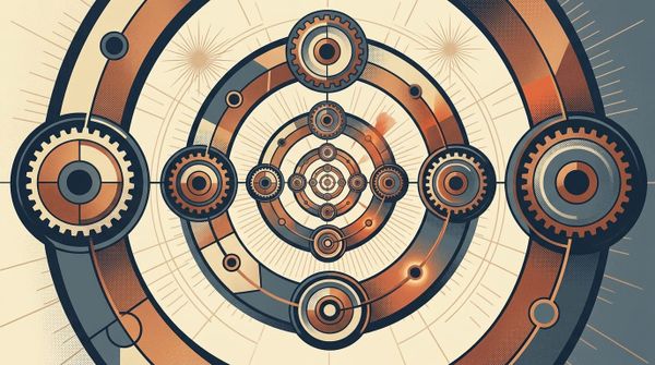 Abstract editorial illustration of interconnected gears forming a tightening spiral, representing reinforcing feedback loops in business systems