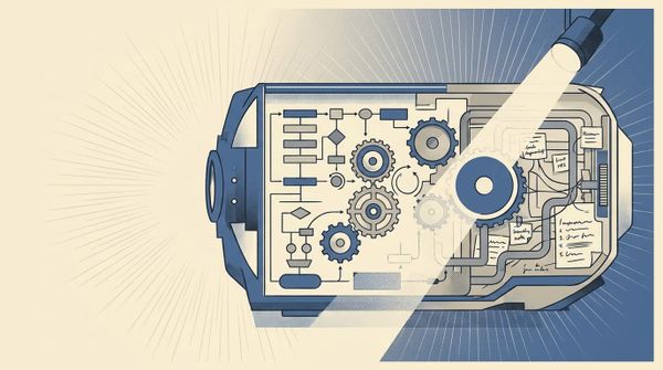 Retro-futurist cutaway of an organizational machine revealing hidden informal pathways beneath clean gears