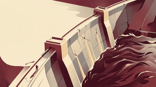 Massive concrete dam holding back turbulent dark water with golden light leaking through cracks